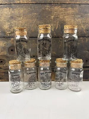 8 Vintage Wheaton Glass Botanical Art Clear Glass Spice Jars With Cork Lids • $32.95
