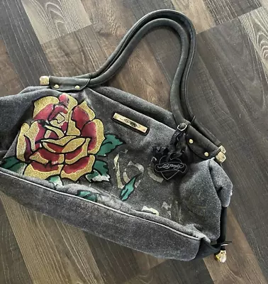 Ed Hardy Tote Bag Gray Denim Canvas Embellished • $55