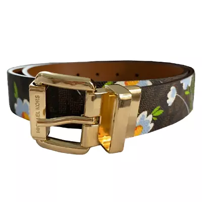 MICHAEL KORS Women's MK Logo Twist Reversible Floral Belt / Brown Leather Size S • $42.99