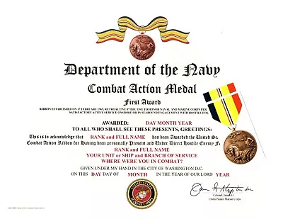 US Marine Corps Combat Action Medal With Medal Certificate Printed Horizontal • $38.95