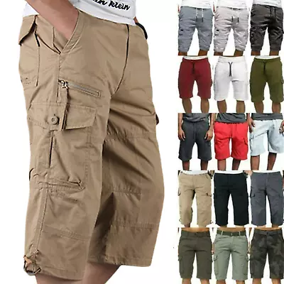 $16.43 • Buy Mens Elastic Waist Mens 3/4 Long Length Shorts Cargo Pants Combat Work Trousers.