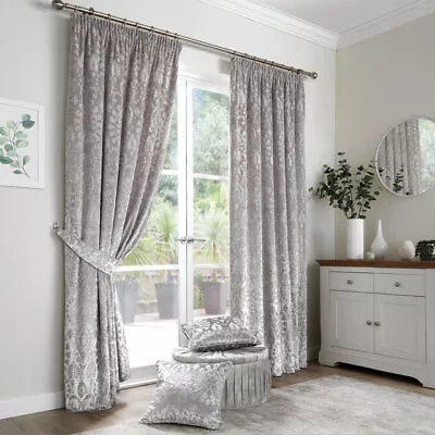 Silver Grey Trinity Velvet Ornamental Damask Tape Top Pencil Pleat Curtains Pair • £10.99