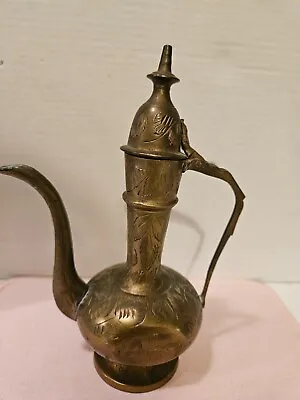 Brass Tea Pot Miniature Etched Design Patina Metal Ornate India Vintage 6.5  • $24.99