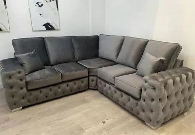 2c2 | Ashton Chesterfield Full Back Corner Sofa | Grey Plush Velvet  • £899