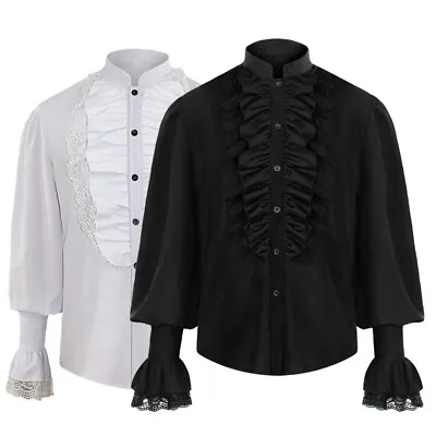 Medieval Men's Shirt High Collar Vintage Victorian Frilly Men's Jabot Shirt Top • £13.52