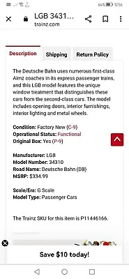 LGB 34310 1st Class Passenger Coach G Scale • £310