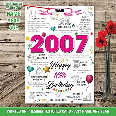 £4.95 • Buy 2007 16th  Birthday Poster Present Gift Personalised Uk Facts Son Daughter Her