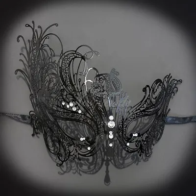 Black Metal Swan Mask Venetian Halloween Ball Masquerade Mask W/ Rhinestones • $12.99