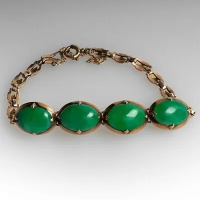 Antique Vintage Oval Natural Green Jade Women Bracelet 7.5  14K Yellow Gold Over • $386.09