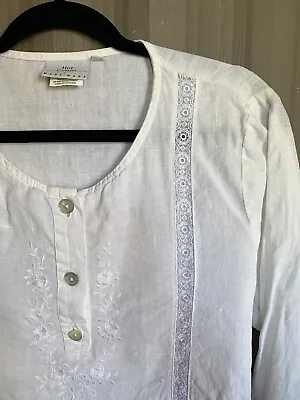 HOT COTTON Marc Ware 100% Linen 3/4 Slv Shirt Top Tunic White Lace Embroidery • $18