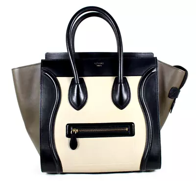 CELINE Black Ecru & Olive Leather MINI LUGGAGE Large Tote Bag • $498