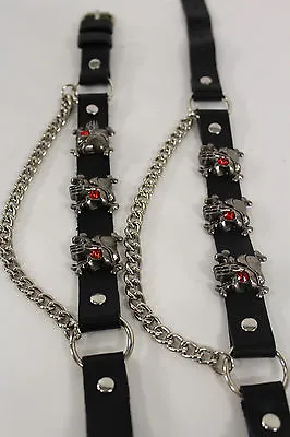 $27.99 • Buy Men Biker Boots Bracelets Chain Black Leather Pair Straps Silver Skull Skeleton