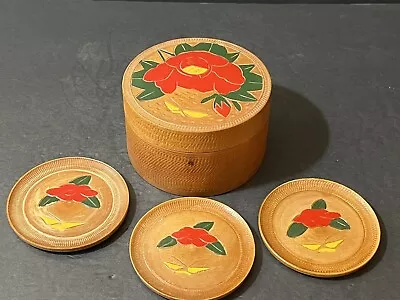 Vintage Wooden 3 Coasters & Caddy Box Rose Butterfly Made In Occupied Japan • $7.99