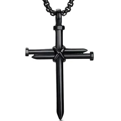 Cross 3 Nail Necklace Statement Piece Pendant Chain And Gift Pouch Black • $16.98