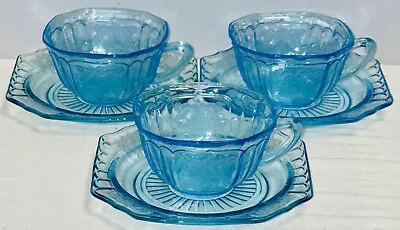3 Anchor Hocking MAYFAIR/ OPEN ROSE BLUE CUPS & 5 3/4” SAUCERS • $120