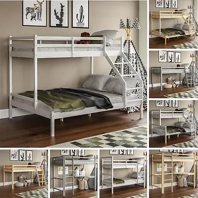 £224.90 • Buy Bunk Bed Triple Sleeper Cabin Loft Bed Solid Pine Wood Kids Frame Ladder Desk