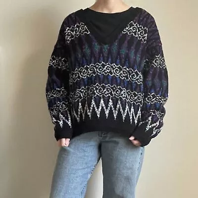 Vintage Multi-colored Funky Chevron V-Neck Concrete Mix Medium Sweater • $27
