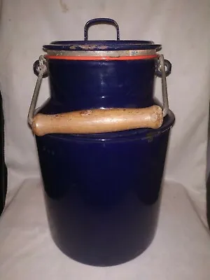Vintage Blue Tin Enamelware Queenbrand Milk Can Jug Kitchenware Czechoslovakia # • $198