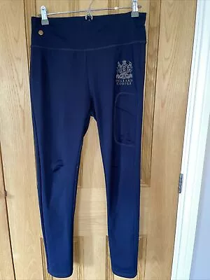 Holland Cooper Leggings Size M Fit 10 12 14 Navy Blue Gold Writing Equestrian • £49.99