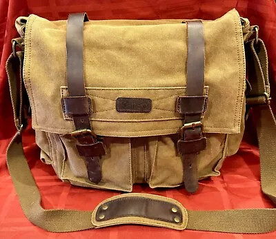 KATTEE MESSENGER BAG Canvas And Leather Military Green Heavy Duty Bag W/Pockets • $20