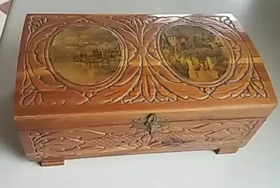 1930's Italy Hand Carved Cedar Trinket Jewelry Keepsake Box With Locking Key O4 • $24.88