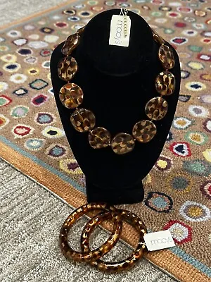 Macy's Tortoise Gold Lucite Bead Necklace 2 Bangle Bracelets Vintage 90s Set New • $22.50
