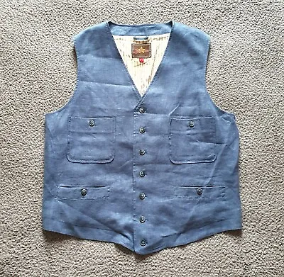 Joe Browns Waistcoat Mens 46R Blue Linen Striped Lining Pockets Smart Casual • £26.87