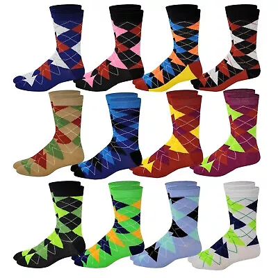 12 Pairs Men Bright Assorted Argyle Stripes Design Dress Socks • $19.99