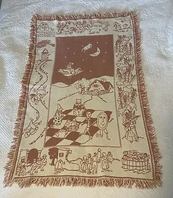 Vintage Nursery Rhymes Woven Tapestry Baby Blanket Throw Fringe Pink EUC 51 X 31 • $40