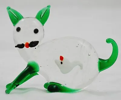 Glass Figurine Cat With A Fish In Belly Stomach Murano Green • $7.49