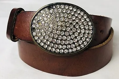 Vintage Gap Women’s Leather Belt Sz M Made In USA Rhinestones Pin Buckle Brown • $19.99