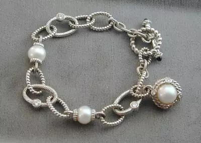 Judith Ripka Pearl & CZ Ribbed Sterling Charm Bracelet 7.5  • $31