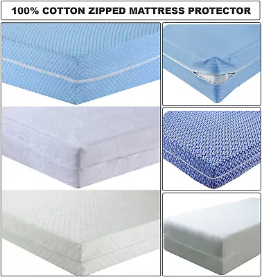 100% Cotton Full Zipped Mattress Protector Anti Bug Bed Total Encasement Cover • £8.07