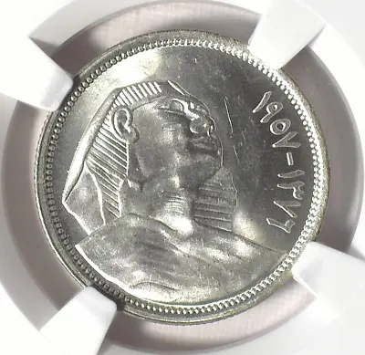 FIRST REPUBLIC OF EGYPT AH1376-1957 0.720 SILVER 10 PIASTRES (KM-383a) NGC MS64 • $100