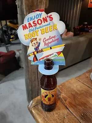 VINTAGE MASON'S ROOT BEER SODA POP BOTTLE TOPPER ADVERTISING SIGN and BOTTLE 606 • $95