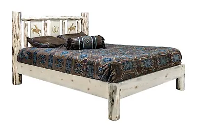 Rustic LOG Platform Bed KING Etched Western Unique Amish Made Lodge Bear Elk • $1208.07