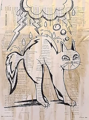 9x12  Original Art On Board - Book Pages Metallic Gold Cute Angry Cat Raincloud • £12.65