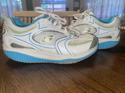 Skechers Womens Shape-Ups Walking Shoes White And Blue Mesh Leather Lace Up 7.5 • $40