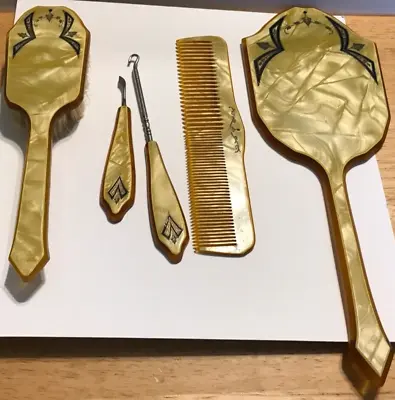 Vintage Art Deco Vanity Dresser Set Of 5 Brush Mirror Comb Button Hook • $59.99