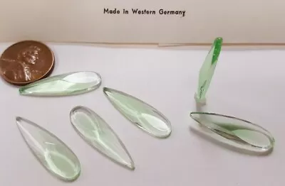 6 VINTAGE GERMAN GLASS PERIDOT CRYSTAL GIVRE 27x8mm. FACETED DROP CABOCHONS 4464 • $2.24