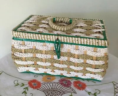 Antique Vintage Large Sewing Basket Box Woven Wood Base Green Satin Faux Pearls • $99