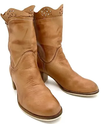 Camel Brown Mid Calf Ruffle Boot 36 6 Boho Mid Block Heel Leather Anthropologie • $22.39