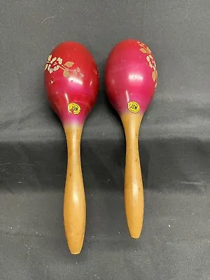 Vintage Calidad Jom Hand Painted Red Wooden Maracas Made In Mexico. • $35
