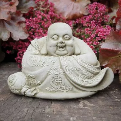 Garden Frost Proof Outdoor Lucky Sitting Laughing Buddha Statue Light Grey Stone • £31