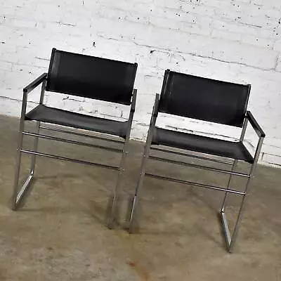 Chrome & Black Vinyl Faux Leather Sling Director’s Chairs Straight Legs A Pair • $1295