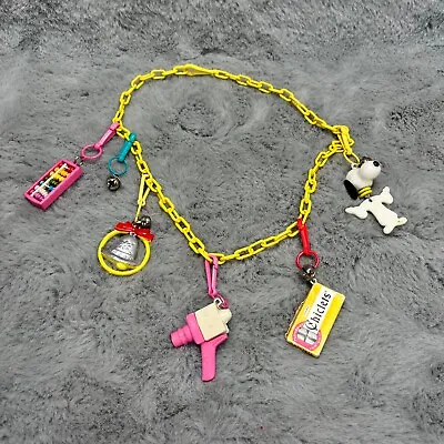 Vtg Bell Charm Necklace 80s Plastic Chainlink Snoopy Chiclets Box Abacus Video • $99.99