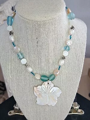 Vintage Pearl MOP Mermaid Style Ocean Beach Glass Beaded Necklace Carved Flower • $63.25