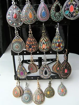 £2.95 • Buy Boho Teardrop Earrings Dangle Hook Metal Enamel Bronze Silver Gold Gypsy Hippy A