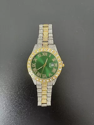 Iced Out Hip Hop Mens Luxury Bling Crystal Diamond Silver Gold GREEN Dial Quartz • £18.49