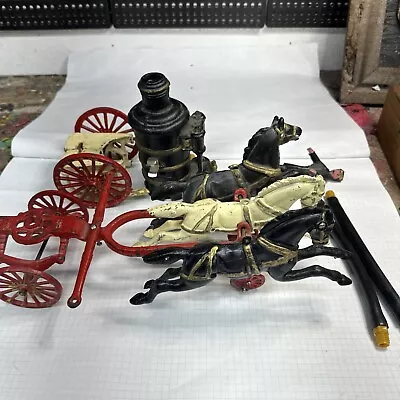 Vintage Cast Iron Kenton? Horse Drawn Water Pumper Fire Wagon W/ 3 Horses Parts • $40